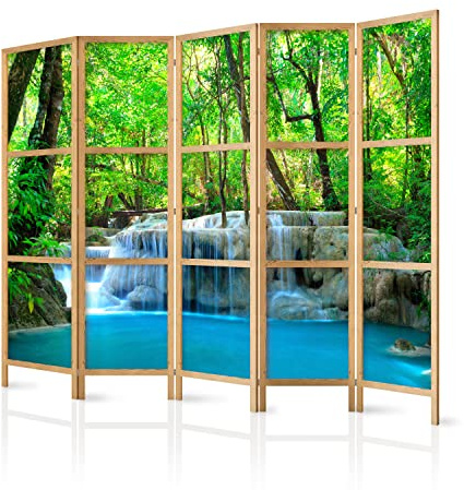 murando - Paravent Raumteiler Holz Landschaft Wasserfall, 225x172 cm, Büro | Mobiler Sichtschutz, sofort einsatzbereit, Holzrahmen, ideal fürs Wohnzimmer oder Büro, geruchsneutral, lichtbeständig