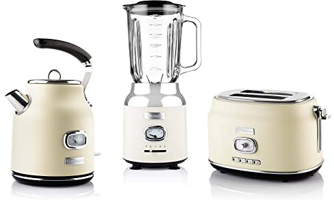 Westinghouse Retroline Frühstück-Set Weiß, Toaster, Standmixer & Wasserkocher, 1.7 Liter & Kalkfilter, Zwei Schlitz Toaster mit Brötchenaufsatz, Standmixer mit 3 Geschwindigkeitsstufen
