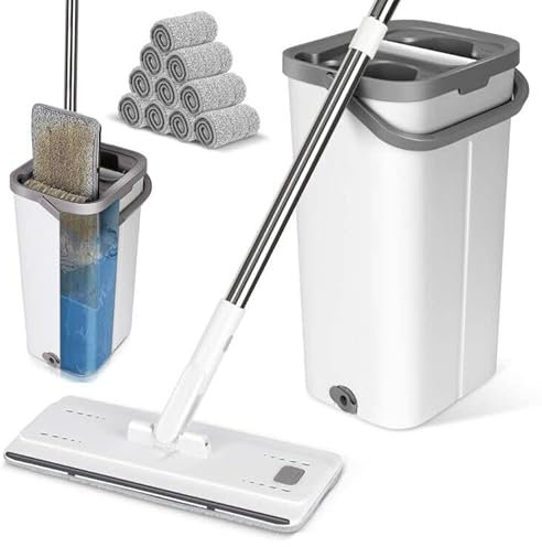 Myiosus Juego de Fregona con Cubo, Trapeador de Piso Plano con Cubo de Función Escurridor para Madera Dura Laminado Azulejos Limpieza de Suelo, Enviar 5 Almohadillas de Microfibra