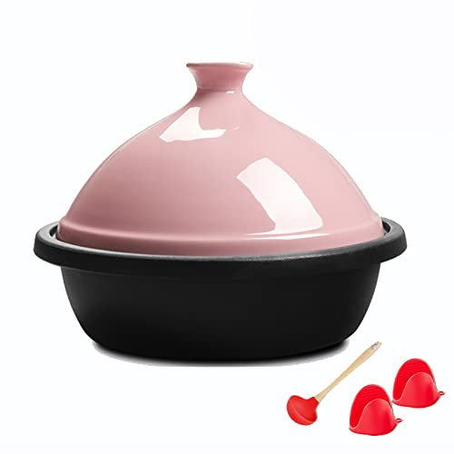 YLWX Moroccan Enameled Tajine Cooking Pot, Cast Iron Induction Tagine Pot, Handmade Crock Braiser Pot, Slow Cooker (Color : Pink)