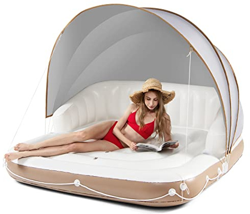 GOPLUS Colchoneta Hinchable Piscina y Playa, Tanning Pool con Toldo Retráctil y Desmontable UPF50+ para 2 Adultos, Hasta 200 kg, Flotador Tumbona Inflable con 2 Portavasos, 180x180x160cm