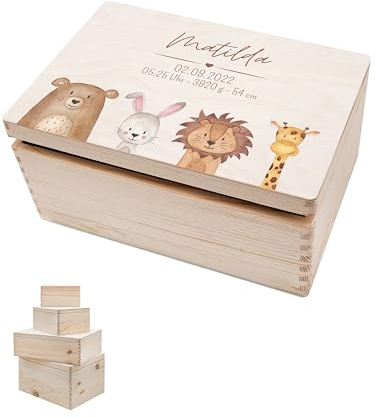 wunderwunsch - Personalisierte Erinnerungsbox Baby mit Hochwertigem Druck - Individuelle Erinnerungsbox - Niedliche Erinnerungskiste aus Holz - Geschenk zur Geburt (Tiere unten, M-Klappdeckel)