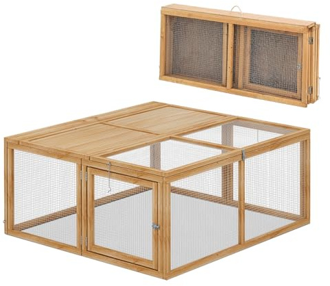 MoNiBloom Foldable Chicken Run Wood Chicken Coop Rabbit Hutch No Assembly Required Indoor/Outdoor Small Animal Nesting Box Habitat Enclosure Spacious Pet Playpen, 45.5 L x 42.5 W x 20 H, Natural