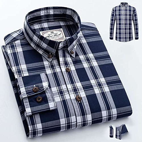 Chemises Hommenew Men's Pure Cotton Navyblue Plaid Chemise À Manches Longues Spring Cotton Casual Shirt Slim Fit Lavable Non Repassage Doux Confortable Cadeau Personnel pour Petit Ami,L