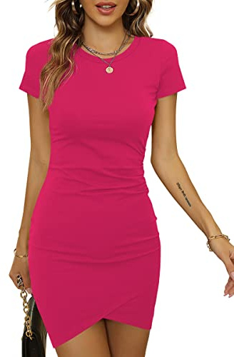 Laughido Moda Vestidos Casuales Manga Corta Mini con Frunce con Pliegues Fruncido Vestido