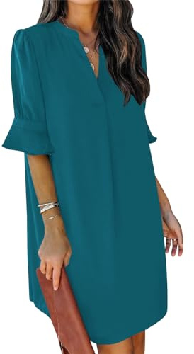 JOCAFIYE Frauen V-Ausschnitt Rüschen Hemdkleid Einfarbige Casual Sommer Kurzes Einfarbig Kleid Marineblau M