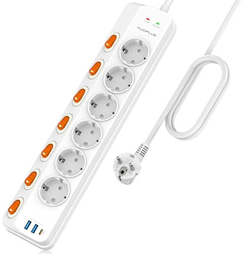 Steckdosenleiste Einzeln Schaltbar,6 Fach Steckdosenleiste Wandmontage mit 1 USB-C Schnellladegerät(PD 20W)&2 USB-A Steckerleiste,Mehrfachsteckdose mit Überspannungsschutz (3680W/16A),3M Kabel,Weiß