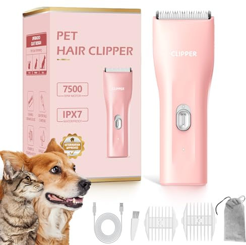 Professionelle Hundeschermaschine für dickes Fell, Schnurlos Katzen-Hund-Pflegeset, Wiederaufladbare Tierschermaschine Hund Rasierer Katze Trimmer für Hunde, Welpen, Katzen, Kaninchen,Rosa
