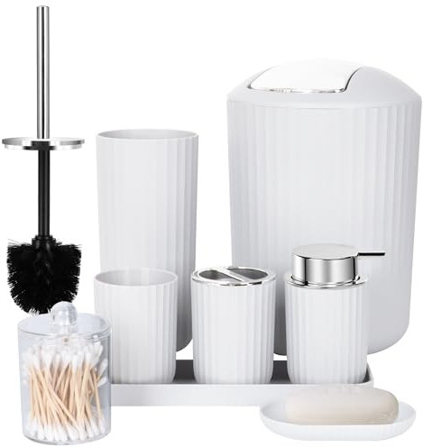 FEILANDUO Bathroom Accessories Sets Complete, 8 Pcs Bathroom Accessory Set with Trash Can, Soap Dispenser, Soap Dish, Toothbrush Holder, Toothbrush Cup, Toilet Brush and Qtip Holders,Vanity Tray White