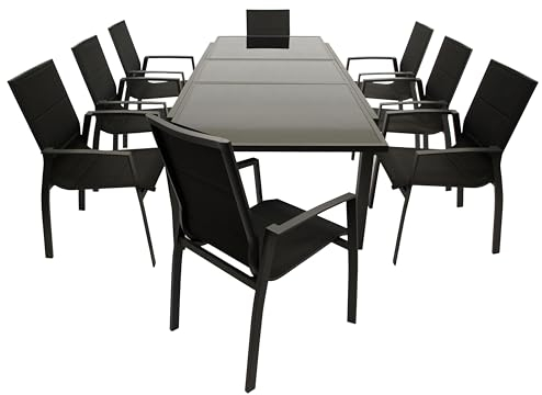 DEGAMO Gartengarnitur Sitzgruppe Torino 9-teilig anthrazit, 8X Stapelsessel aus Aluminiummit gepolstertem Textilgeweb schwarz, 1x Ausziehtisch Aluminium + Glas 180/240x100cm