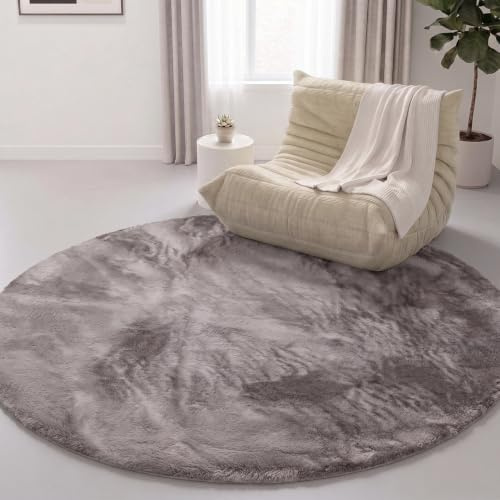 Interiyou Fargo - Teppich Wohnzimmer 80x80 cm Rund Grau - Kurzflor Waschbar und rutschfest - Flauschiger Fellteppich aus Kunstfell - weicher Langflor Fell