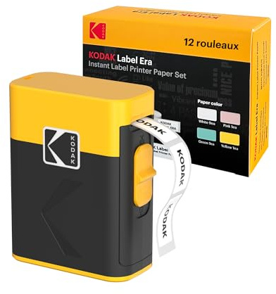 Kodak New Label Era M50 Imprimante Instantanée d'étiquettes (Blanc, Imprimeur avec 1 Rouleau Autocollant Label + 12 Rouleaux, Blanc 9 Rouleaux, Rose/Vert/Jaune 1 Rouleau chacun)