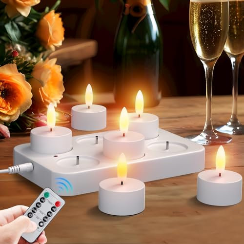 Glowtink Wiederaufladbare Teelichter, 6 Stück, batteriebetriebene Teelichter, LED-Kerzen mit Fernbedienung, Timer und Ladestation, elektrische Teelichter für Zimmer, Party, Halloween,