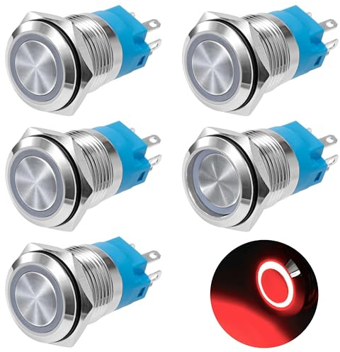 GUNGY Interruptor de Botón 19mm Pulsadore 12V/24V 3A Pulsador Autoblocante Impermeable Interruptores Pulsador de Latón Cromado con Anillo de Luz LED Rojo 5 Piezas