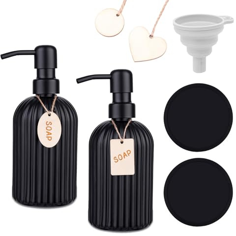 MOQAE Seifenspender Schwarz, 400ml Spülmittelspender Mit Pumpe Aus Edelstahl, Seifenspender Schwarz Set Für Küche Und Bad, Nachfüllbare Pumpflasche Für Flüssigseife, Shampoo, Conditioner Und Duschgel