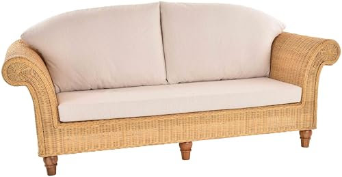 Krines Home Luxus Natur Rattan Wohnzimmersofa Cambridge Rattansofa Wintergarten Sofa mit geschwungenen Armlehnen Rattanmöbel (225cm, Dreisitzer, Honig)