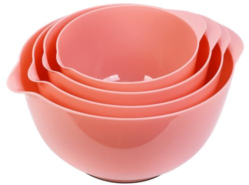 BoxedHome Peach-Pink Nesting Plastic Mixing Bowl Set with Pour Spout, Microwave and Dishwasher Safe, BPA Free Non-Slip Base, Set of 4, Great for Prepping, Baking, Cooking