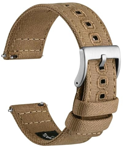 WOCCI 20mm Watch Band, Canvas Fabric, Quick Release, Replacement Strap, Silver Buckle (Khaki)