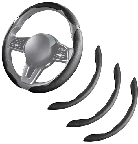 Car Steering Wheel Cover Leather Snap On 3Pcs Set Non-Slip Protector Wrap Steering Wheel Accessories 14.5-15 inch Universal Black