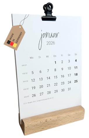 PuK Tischkalender 2026 mit Holzsockel | DIN A6 Monatsübersicht mit Feiertagen und Kalenderwochen | 12 Monatskarten Tischkalender Schreibtisch Terminkalender (mit Holzsockel)