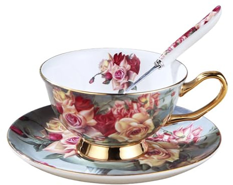 Juego De Tazas De Café De Cerámica, Taza De Té Inglés para La Tarde, Taza De Café Y Platillo para El Hogar, Taza Exquisita con Cuchara(Rose)