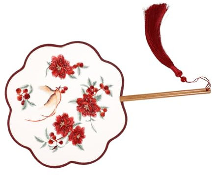 Amosfun Double-Sided Embroidery Circular Silk Fan Traditional Chinese Tassel Round Hand Fan for Dance Performance and Home Decoration