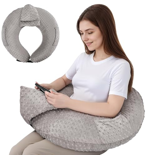INFANZIA Reading Pillow for Gaming, Arm Rest Support Pillow, U-Shaped Lap Pillow with Side Pocket for Bed & Sofa, Compact Gaming Pillow with Tablet Support for Reading, Crocheting, Working