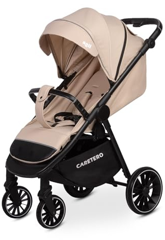 CARETERO - Leichter Kinderwagen, Agil Pram mit verstellbarem Sitz, Verdeck und Stauraum - Reisebuggy mit Sicherheitsgurt, verstellbarem Griff und Regenschutz - Kinderwagen für Kleinkinder - Latte