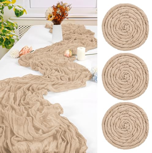 FXKS 3 Stück Beige Tischläufer,55 x 300 cm Cheesecloth Tischläufer | Rustikaler Gaze Stoff Boho Tischläufer Käsetuch Hochzeit Tischdecke für Hochzeit Brautparty Bankett Dekoration
