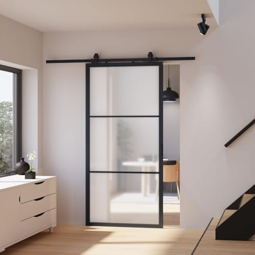 inova Glas-Schiebetür Komplettset satiniert 900x2150mm Industriestil schwarz offene Laufschiene beidseitiger Softclose