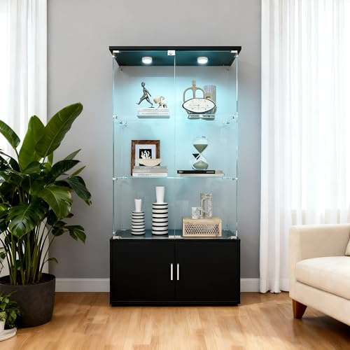 Glasvitrinskåp, skåp för samling med LED, modernt vitrinskåp av härdat glas med samlarskåp, stående vitrinskåp med 3 nivåer, möbelvitrinskåp, vardagsrum, bar, svart