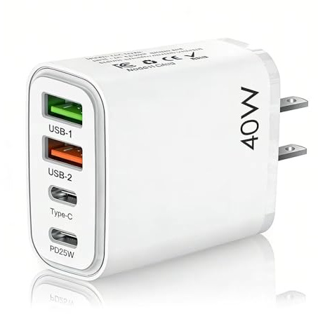 US travel adapter charger, US and Canada charger plug, 40W fast charger plug, with 2 USB-A and 2 USB-C fast charging ports, suitable for US/Canada/China/Japan