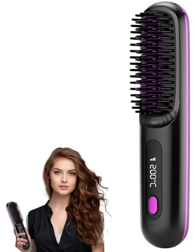 Cordless Ceramic Heated Hair Straightening Comb, 2026 New Go Brush Pro Straightening Brush with Temperature Display, Portable Heated Hair Brush for Travel & Daily (Black)