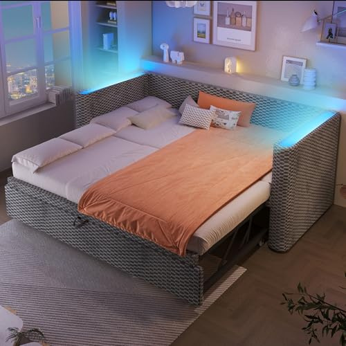 boorbin Tagesbett, Daybett, Schlafsofa, 90 × 200 cm, 180 × 200 cm, multifunktionales Ausziehbett-Design mit LED-Lichtleiste, Lattenrost (ohne Matratze), Samt (Grau)