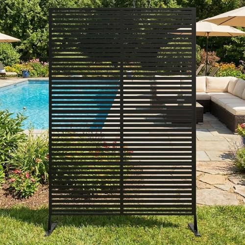 Sichtschutz Metall, Freistehender Paravent 180x120 cm, Wetterfester Sichtschutz Für Garten Terrasse Balkon Outdoor Deko, Raumteiler Mit Ständer, Verzinkter Stahl, Horizontalstreifen Schwarz