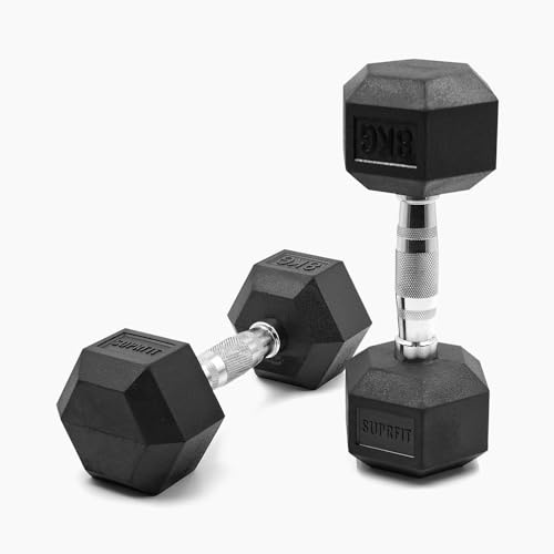 SUPRFIT - Hexagon Kurzhanteln paarweise mit gummiertem Eisenkern - Fitness Gewichte Hanteln 2 x 8 kg mit rutschfestem Chromgriff - Premium Kurzhantel Set für Calisthenics, Krafttraining & Crossfit