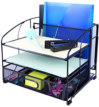 EXERZ Tisch-Organizer Aus Metalldraht Bürobedarf 3 Tabletts/Desktop-Aktenhalter Mit Schiebeschublade Und Hängendem Aktenhalter/Vertikaler Aufrechter Abschnitt-Papiersortierer (Schwarz)