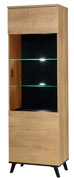 Vitrine John JN02, Praktischer Standvitrine, Vitrinenschrank, Stauraumvitrine, Wohnzimmer, Glasvitrine, Hochschrank, Standvitrine (Seite: Links, Eiche Lefkas / Schwarz, mit weißer LED-Beleuchtung)
