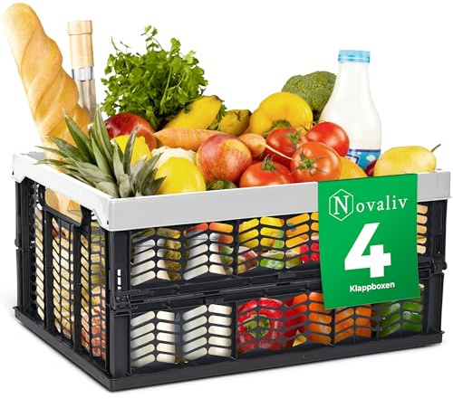Novaliv Klappboxen faltbar stabil 4x 30L Grau Schwarz baskets Einkaufskiste Klappkisten Set Tragebox Aufbewahrung Einkaufskörbe Körbe Aufbewahrung Küche