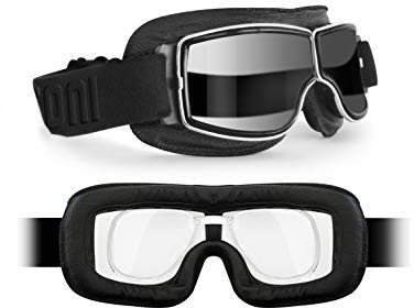 BERTONI Motorradbrille Schutzbrille für Harley Davidson Chopper und Scrambler aus schwarzem Leder und Chrom Rahmen mod. 188 (Selbsttönend Linse + Optischer Adapter)