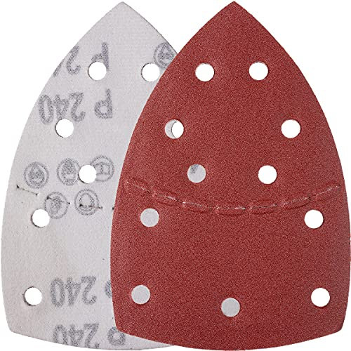 YoiYee 240 Grit Sanding Sheet Set, Mouse Detail Sander Sandpaper, Delta Triangular Sand Paper Pad, Hook and Loop Fastening, 11 Holes, Accessories for Multi-Sander, Red, 10 Pack