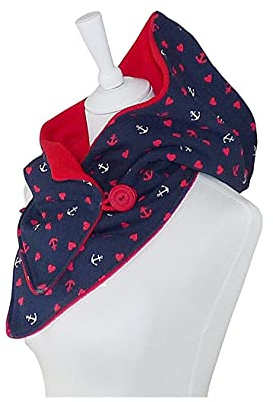 Handgefertigter Kapuzenschal aus Jersey blau rot mit Herz und Anker Fleece