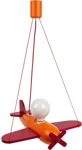 HELLUX Kinderzimmer Lampe Decke aus Holz | Deckenleuchten für Kinder | Kinderlampe Decke 70x42x41cm für Babyzimmer | Flugzeug Lampe E27 ohne Leuchtmittel (Rot/Orange)