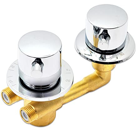 G1/2 Brass Thermostatic Shower Faucet 1 Way Output Bathroom Diverter Control Shower Cabin Thermostat Mixer Tap with ON/OFF Switch Valve, Brass Cartridge, Dual Handle, Surface Polished (Faucet)