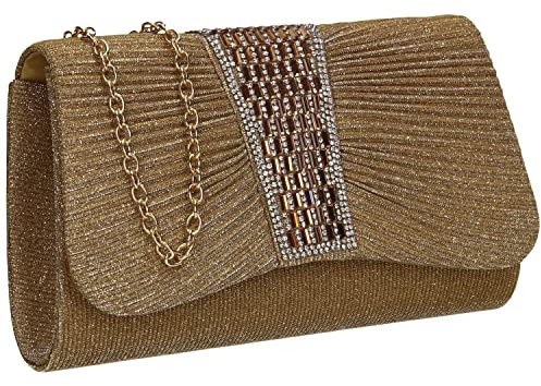 SwankySwans Julie Womens Shiny Diamante Party Prom Wedding Evening Clutch Bag Purse (Gold)