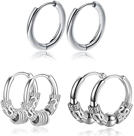 SCJJZ pendientes redondos hombre, bisuteria mujer, piercing oreja, aro plata vintage con pasadores de personalidad (3 pares)