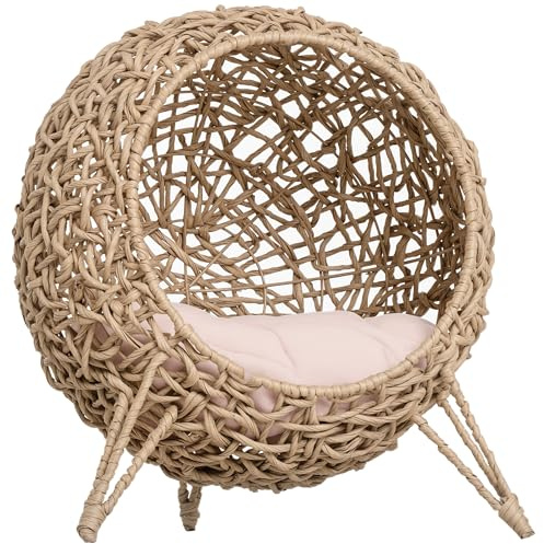 PawHut Katzenhaus aus Rattan, erhöhtes Katzenbett mit drei Stativbeinen, kugelförmiger Katzenkorb mit Kissen - Naturholz-Finish