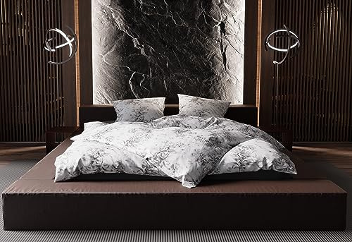 Bettwaesche-mit-Stil Mako Satin Toile de jouy Bettwäsche Rosen (Garnitur 200x200 + 2X 80x80, anthrazit)