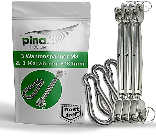 Pina DESIGN seit 1979 - Sonnensegel Befestigungset aus V4A Edelstahl | Set aus M8 Wantenspanner & 80mm Karabiner | Robuste Befestigung für Sonnensegel, Abdeckplane, Drahtseil oder Tarp (3 Paar)