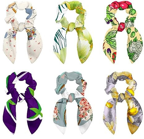 6 Pcs Hair Scrunchies -Tropical Green Palm Flower Hair Scarf Scrunchy with Ribbon Bow, Elastic Hair Ties Ponytail Holders for Women Teenage Girls